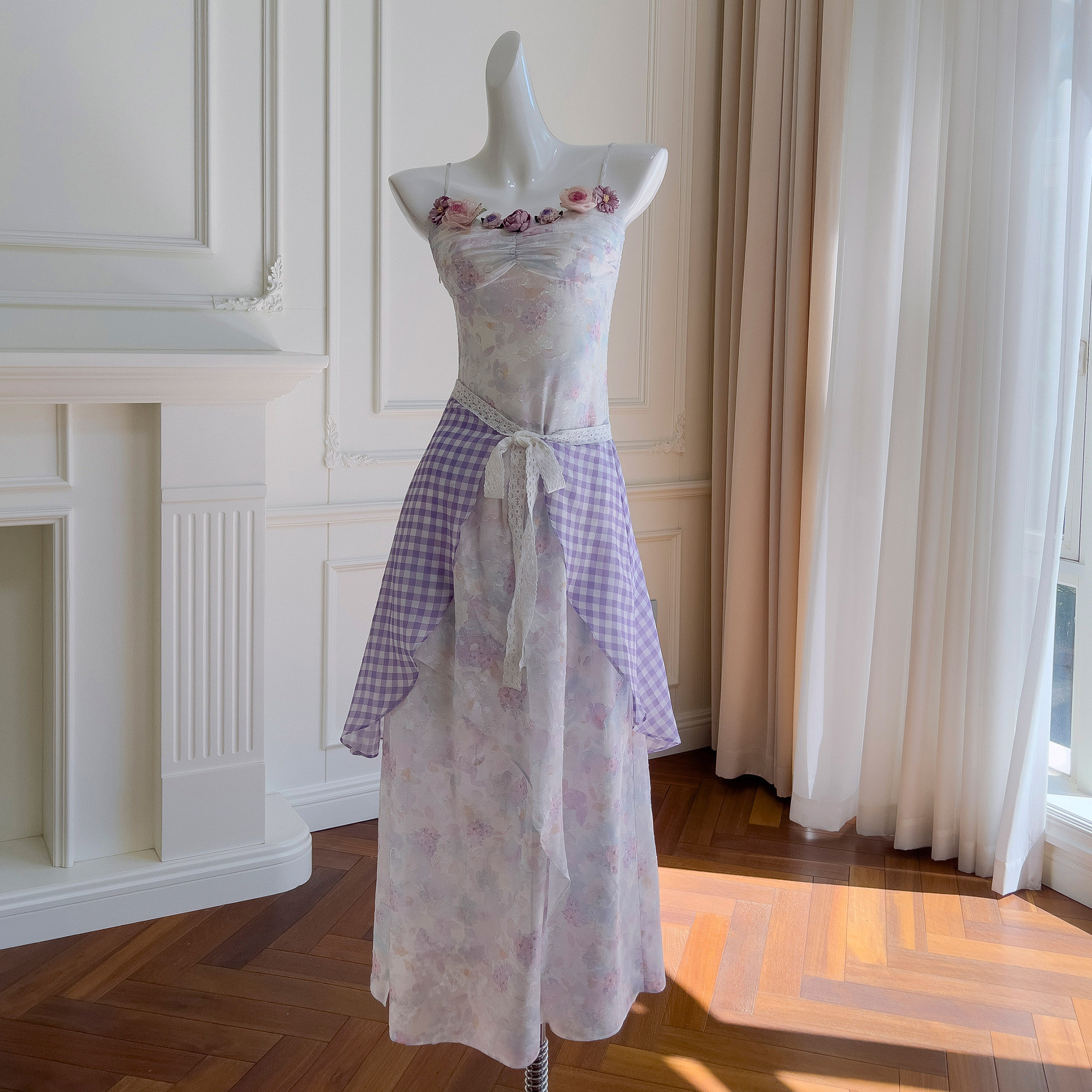 ドレス パーティー ウェディング ワンピース ロング プリンセス 紫 花柄 ロマンティック 上品 優雅 韓国風 お呼ばれ