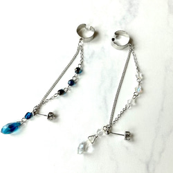 【左右両用】多面カット　透明な雫のイヤーカフ　ピアスタイプ　夏　銀色　涼しげ　イヤリング変更可能 4枚目の画像