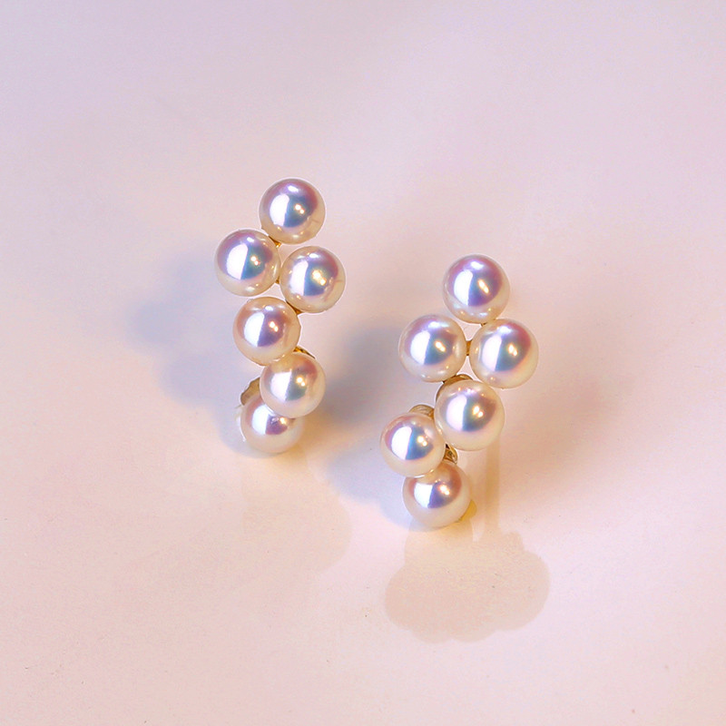 【La Corser】天然日本製3-4mmアコヤ海水ラウンドパールイヤリング 18Kゴールド グレープデザイン エレガントで多用