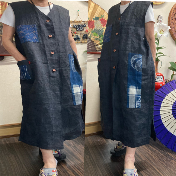 本麻と絣(手刺し子パッチポケット付き）の前開きロングベスト
