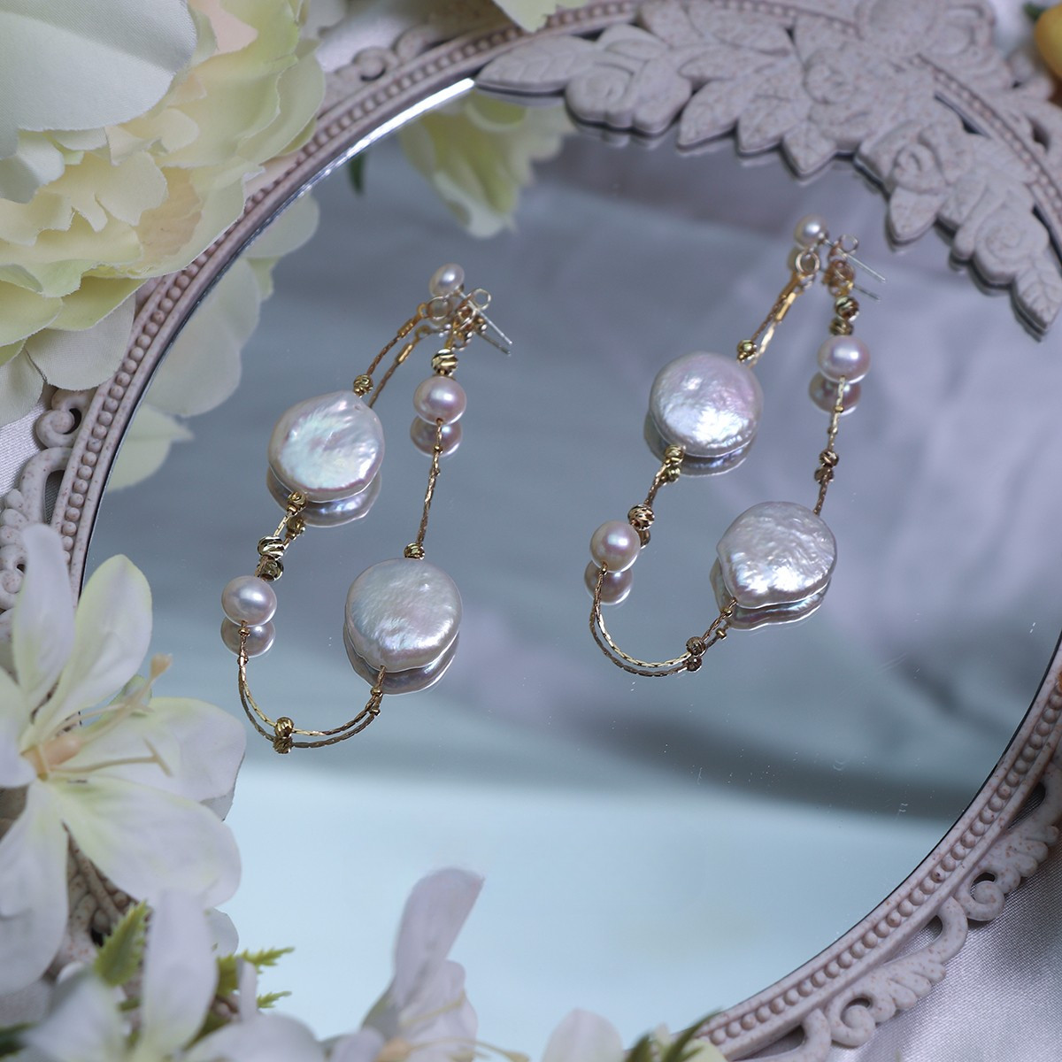 2WAY 淡水バロックパールのピアス  イヤリング  花びら  真珠　淡水真珠　6月誕生石　夏の誕生石 ウェディング