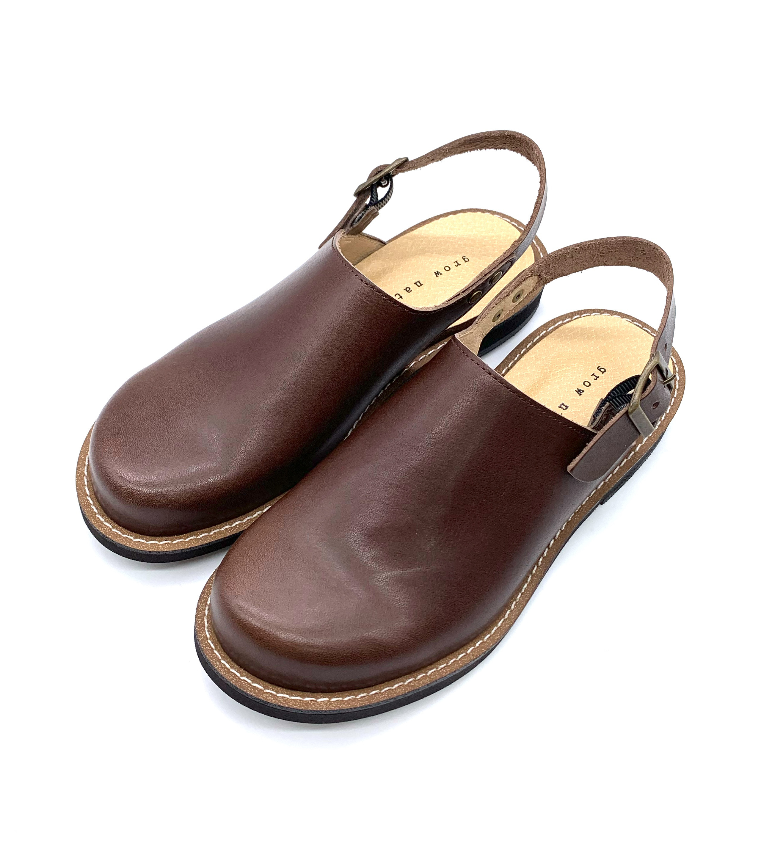 【grow naturally】春〜夏〜秋にかけて、ハンドメイド栃木レザーサボシューズ　スーパーブラウン