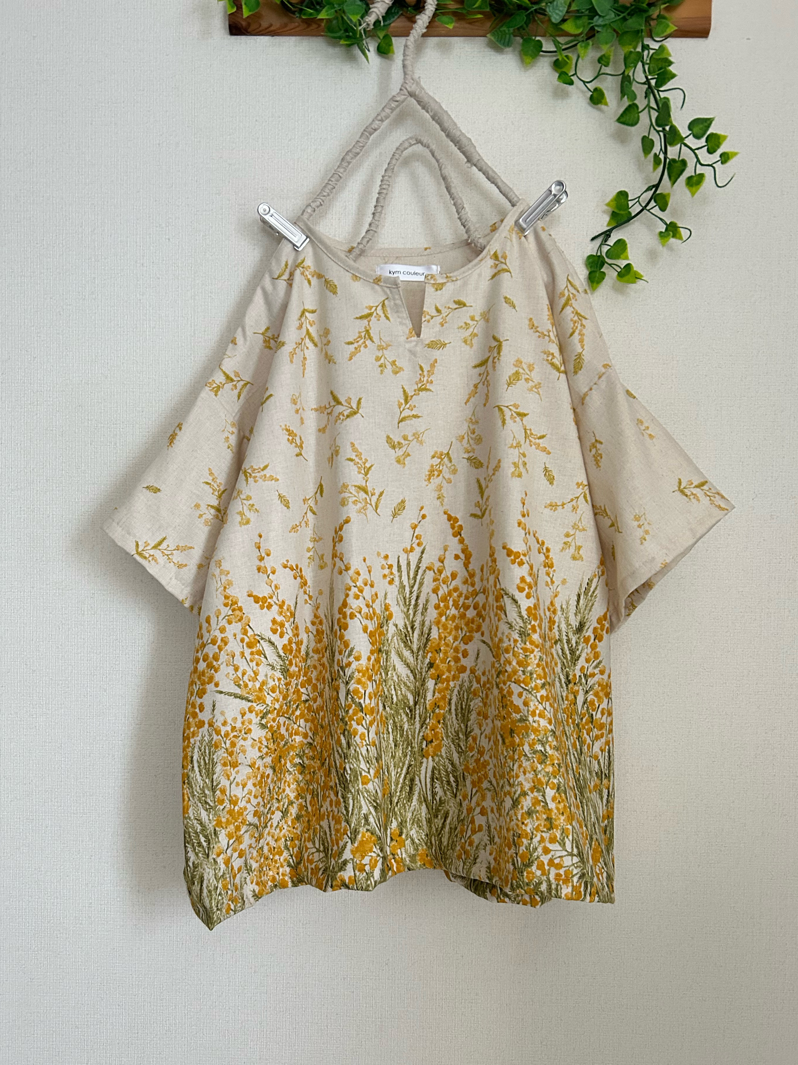 春夏ミモザ柄やわらかい薄手cottonリネンシンプルブラウス