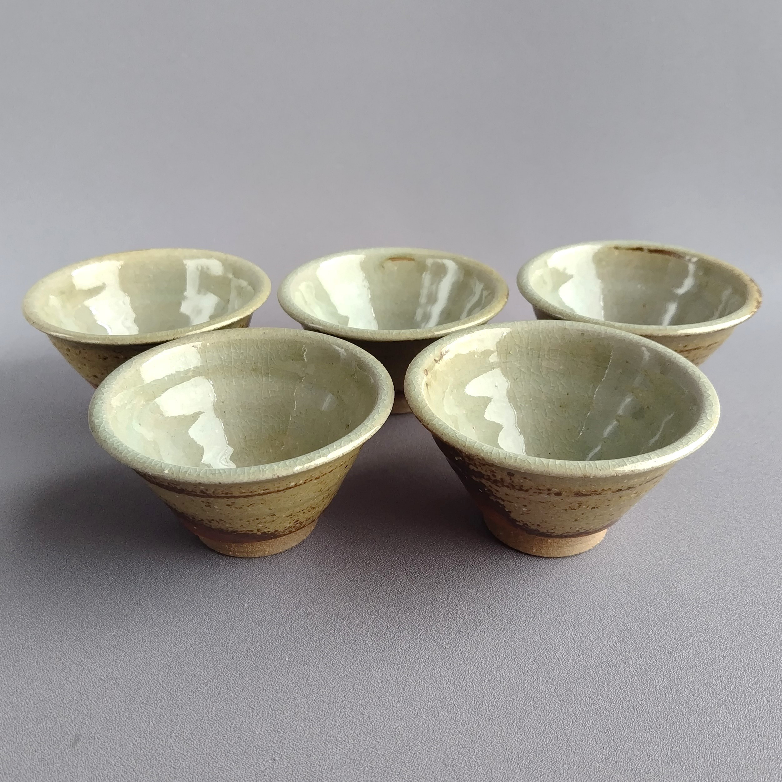 朝顔型煎茶茶碗　灰釉　五客組　【商品番号：00713】