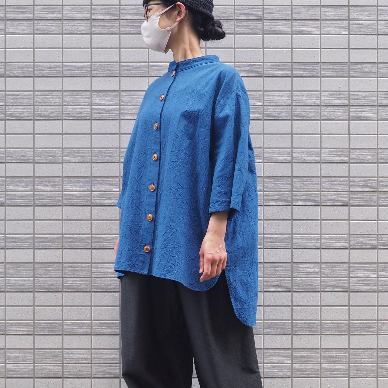 Kushuステップシャツ（綿ワッシャー ブルー）【受注生産対応】