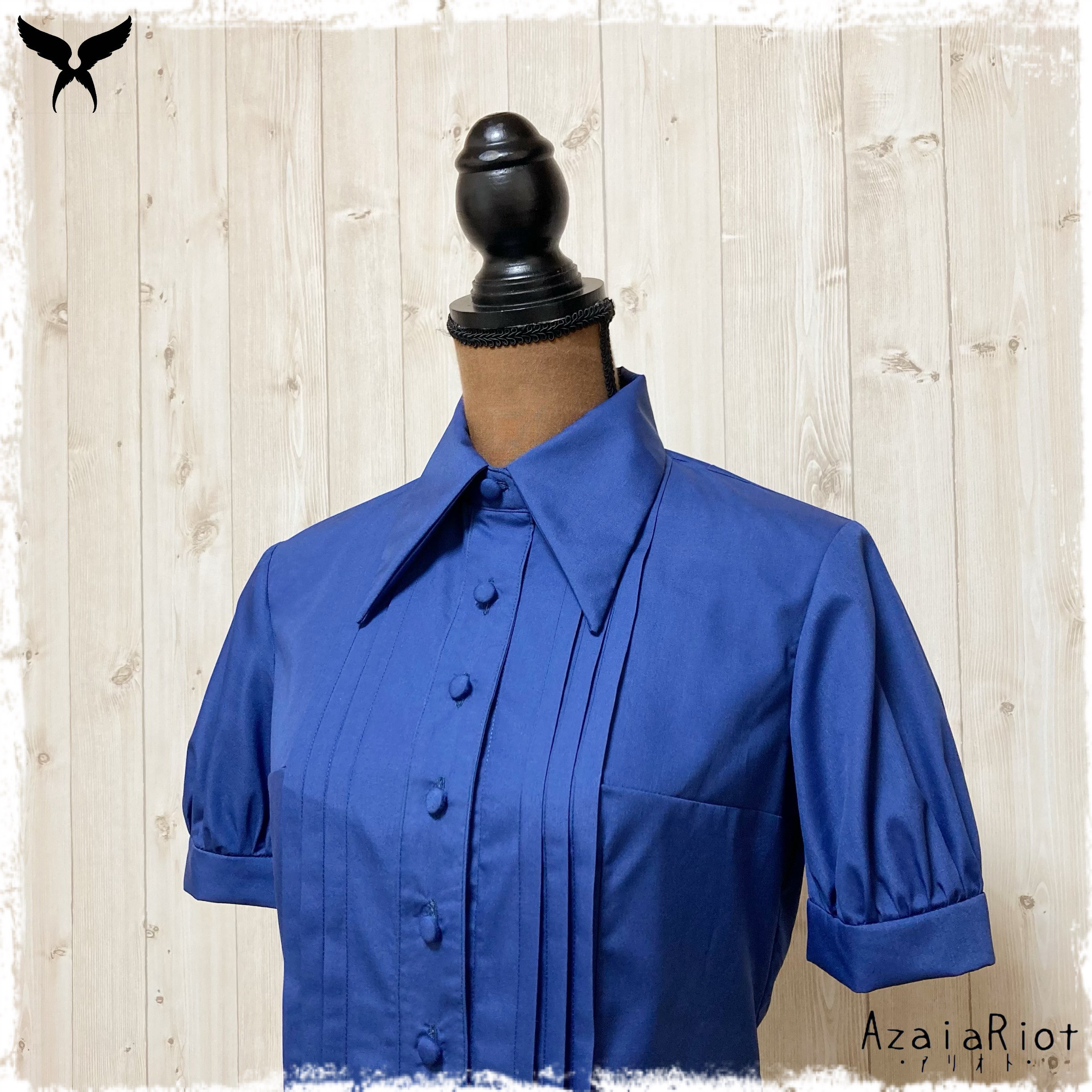 タックが綺麗なシャツカラーブラウス（半袖）ネイビー【Ｓ／Ｍ／Ｌ／LL／3L／5L】