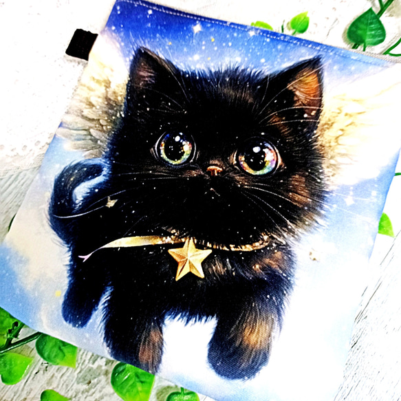 ラウンド底ふんわりファスナーポーチ 黒猫天使ちゃん♡ 6枚目の画像