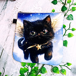 ラウンド底ふんわりファスナーポーチ 黒猫天使ちゃん♡ 1枚目の画像