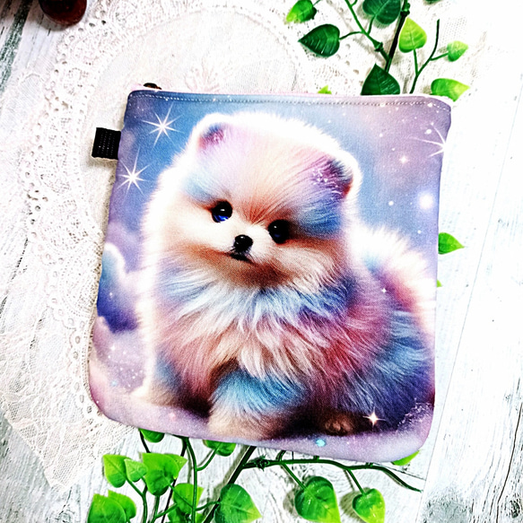 ラウンド底ふんわりファスナーポーチ 虹色ポメラニアン♡ 1枚目の画像