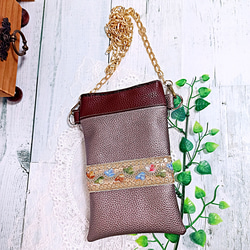 バイカラー フェイクレザー インド刺繍リボン スマホショルダー 1枚目の画像