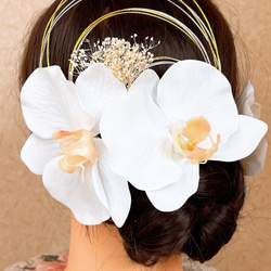 送料無料 白 ホワイト胡蝶蘭の髪飾り 結婚式 成人式 水引  ウェディング ゴールド コチョウラン 卒業式 浴衣 5枚目の画像