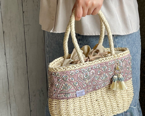 送料無料⭐︎夏にピッタリ！インド刺繍リボンでおめかしかごバッグ