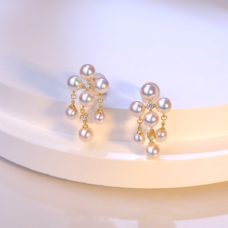 【La Corser】天然日本製3-5mmアコヤ海水真珠ピアス 18Kゴールド マルチパールピアスデザイン 極上輝きのラウンドパ