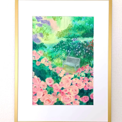 オイルパステル画　原画 薔薇咲く庭園 オイルパステル原画 A4サイズ 絵画 ゆうまめ 通販