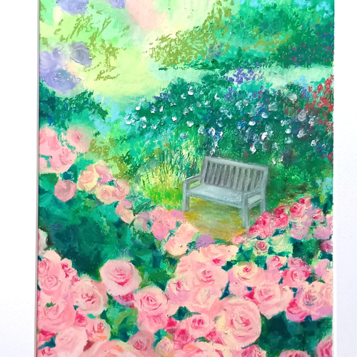 薔薇咲く庭園 オイルパステル原画 A4サイズ 絵画 ゆうまめ 通販