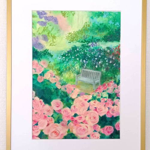 薔薇咲く庭園 オイルパステル原画 A4サイズ 絵画 ゆうまめ 通販