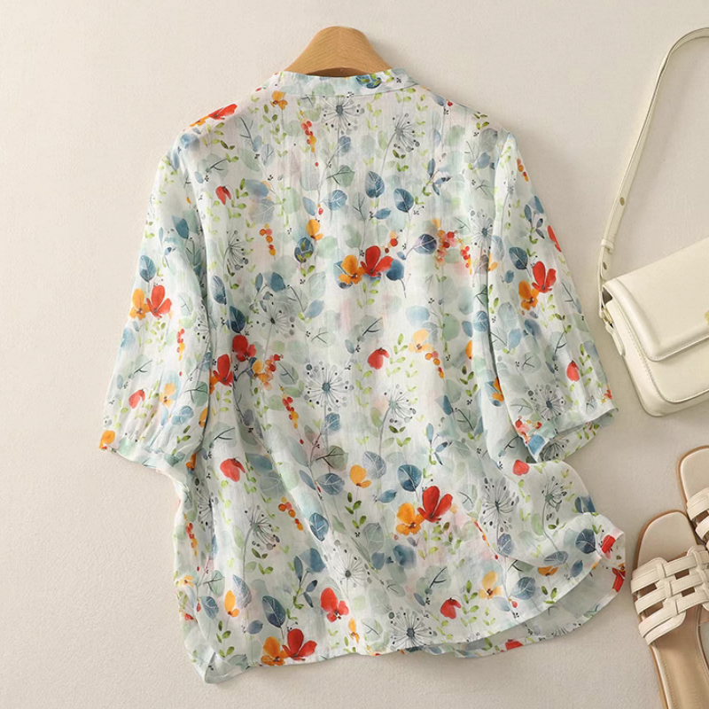 夏、綿麻ブラウス、コットンリネンシャツ、受注生産、花柄