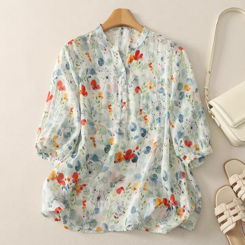 夏、綿麻ブラウス、コットンリネンシャツ、受注生産、花柄