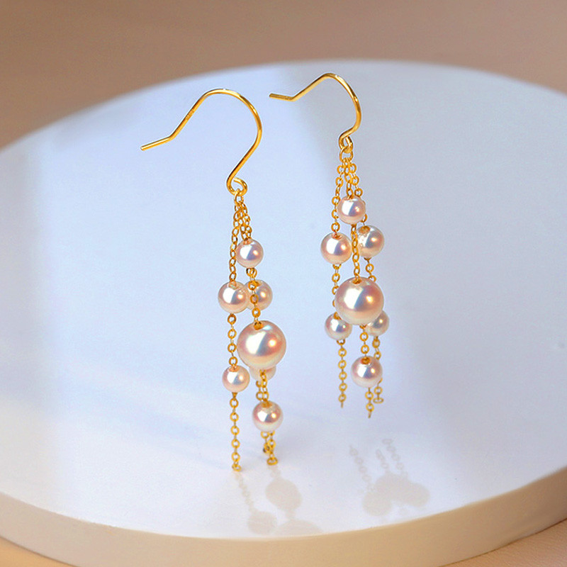 【La Corser】天然日本製3-6.5mmアコヤ海水真珠イヤリング、タッセルデザイン、ラウンド型で非常に明るい18Kゴールド