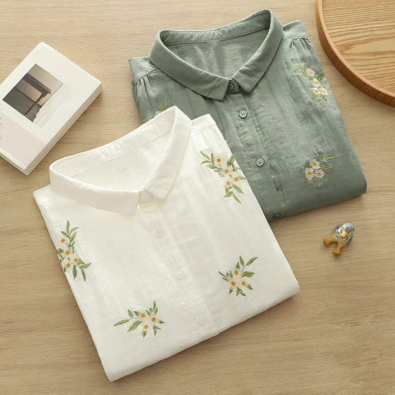 夏・半袖・ダブルガーゼ・コットン100%・ブラウス・刺繍