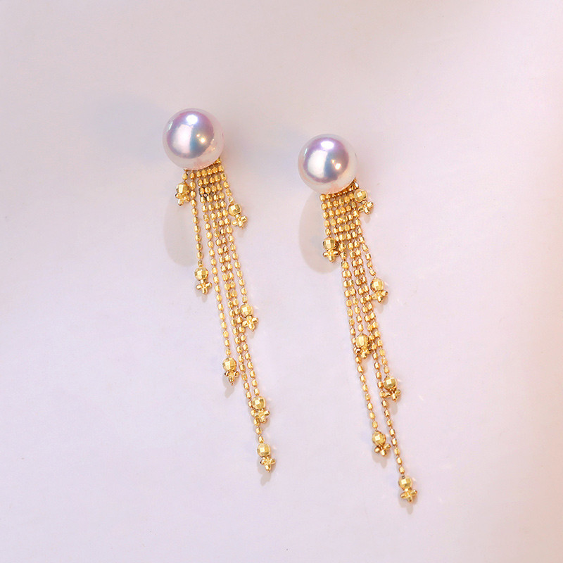 【La Corser】18Kゴールド 日本製 6.5-8.5mm アコヤ真珠 天然海水真珠 イヤリング ロングタッセルイヤリング