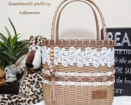 クラフトバンド＊かごバッグM/ボタニカルレース/ホワイト かごバッグ