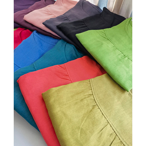 ハンドメイド　日本製上質コットンリネンワンピース リネンライクワンピース/綿麻ブレンド/ウォッシャブル/ブルー