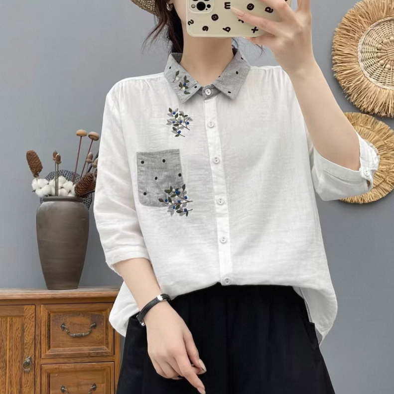 夏・シャツ・コットン100%・トップス・吸汗速乾・刺繍・五分袖