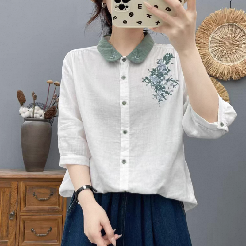 夏・シャツ・コットン100%・トップス・吸汗速乾・刺繍・五分袖