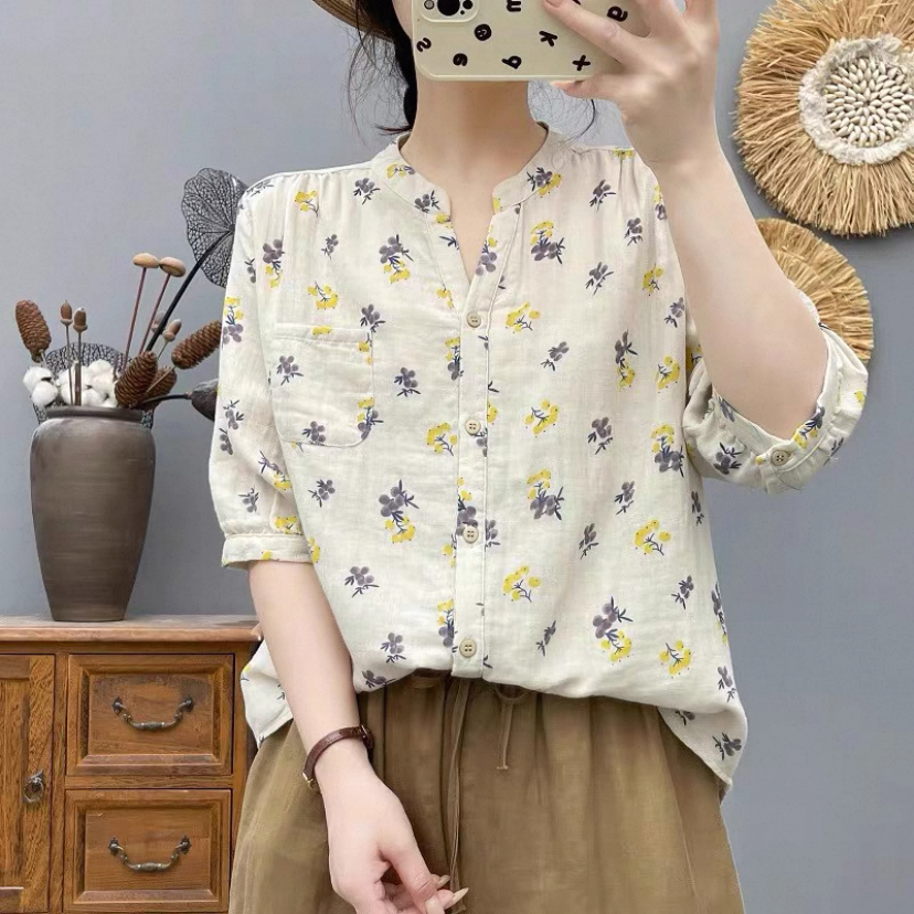 夏・シャツ・コットン100%・トップス・吸汗速乾・五分袖