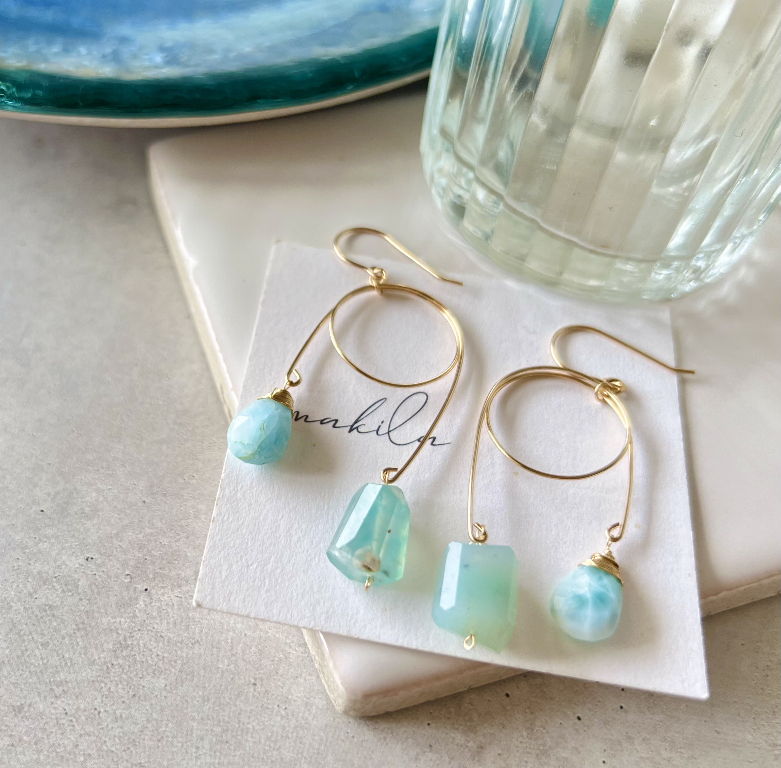 【再販】海のピアス/イヤリング【ラリマー＆アクアプレーズ】テークルシリーズ 14kgf 夏 海 マリンブルー