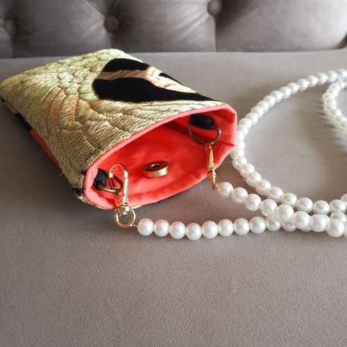 一点物】着物絹帯xスマホショルダーバッグ 帆布 個性的 パール