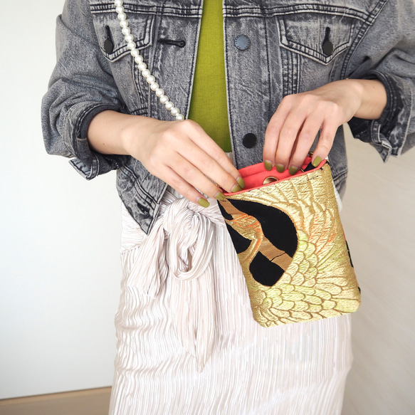 一点物】着物絹帯xスマホショルダーバッグ 帆布 個性的 パール