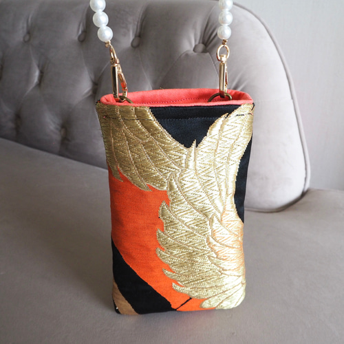 一点物】着物絹帯xスマホショルダーバッグ 帆布 個性的 パール