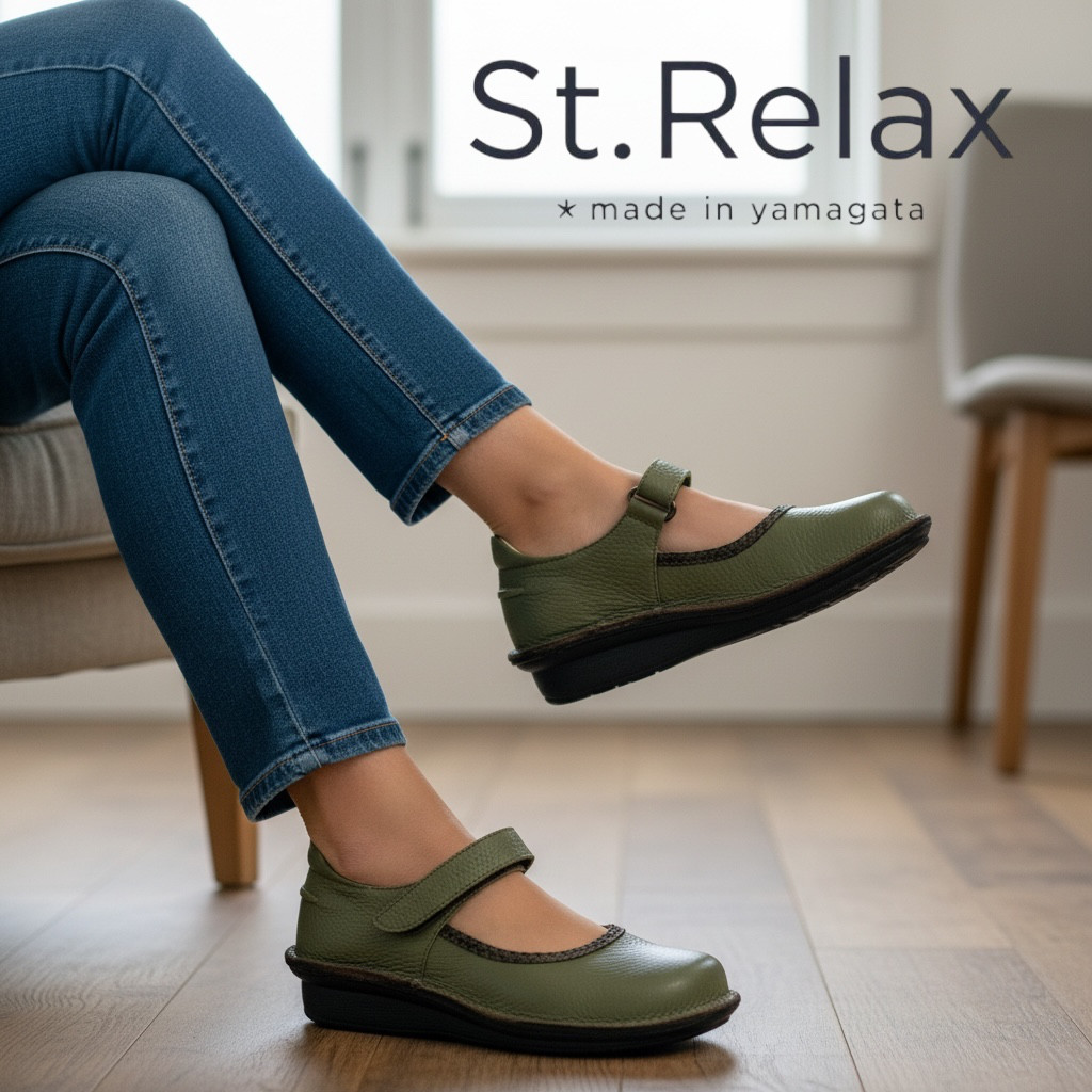 St.Relax◆体に優しいコンフォートストラップシューズ／LX840F／宮城興業製／本革／カーキ