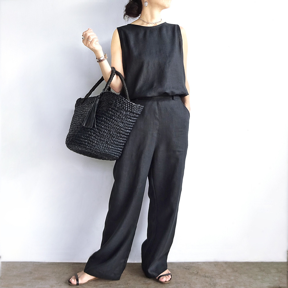 ２サイズ　バックボタンが可愛いリネンセットアップパンツ（ブラック）