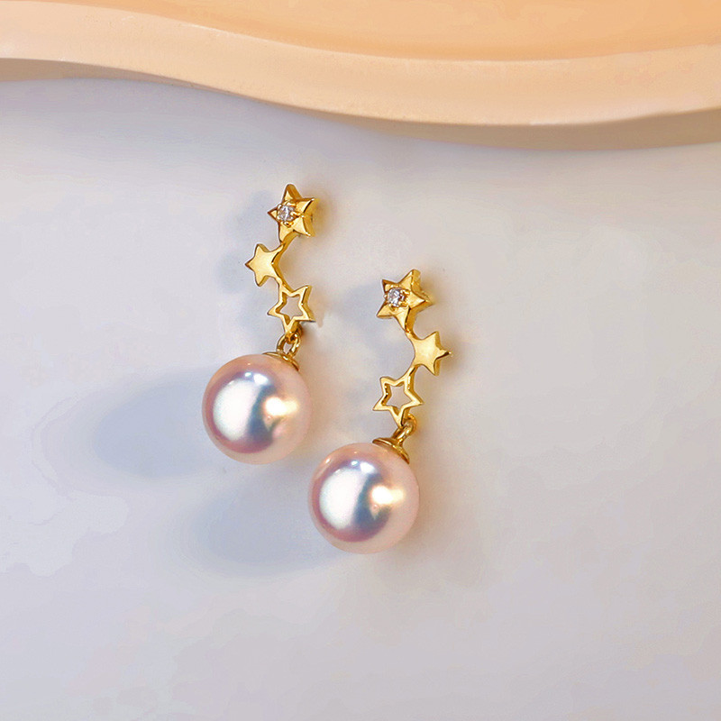 【La Corser】天然日本産 6-8.5号 アコヤ真珠 海水 ラウンドパール イヤリング 18Kゴールド スターデザイン 非