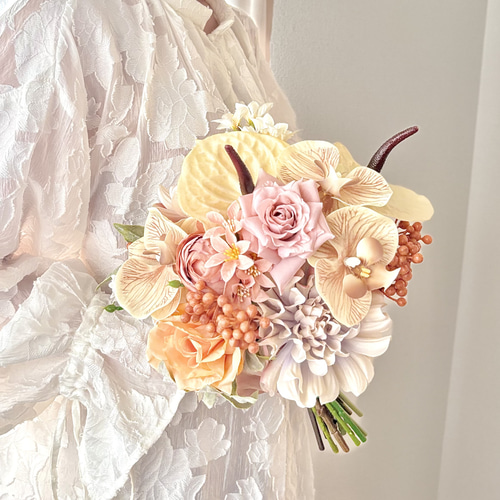 SALE】くすみカラーと胡蝶蘭のブーケ♪ウェディングブーケ 造花 ブーケ