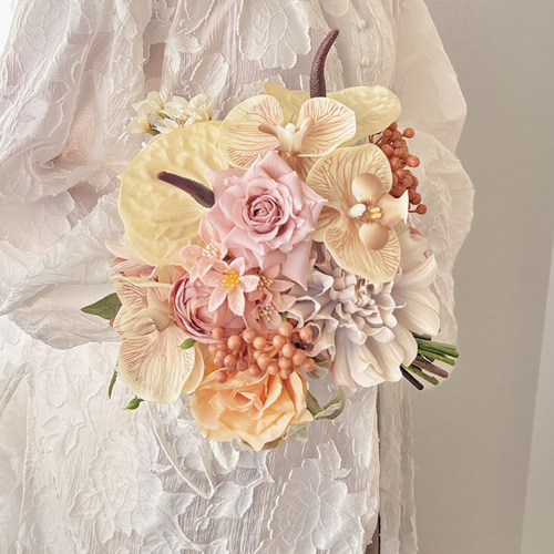 SALE】くすみカラーと胡蝶蘭のブーケ♪ウェディングブーケ 造花 ブーケ