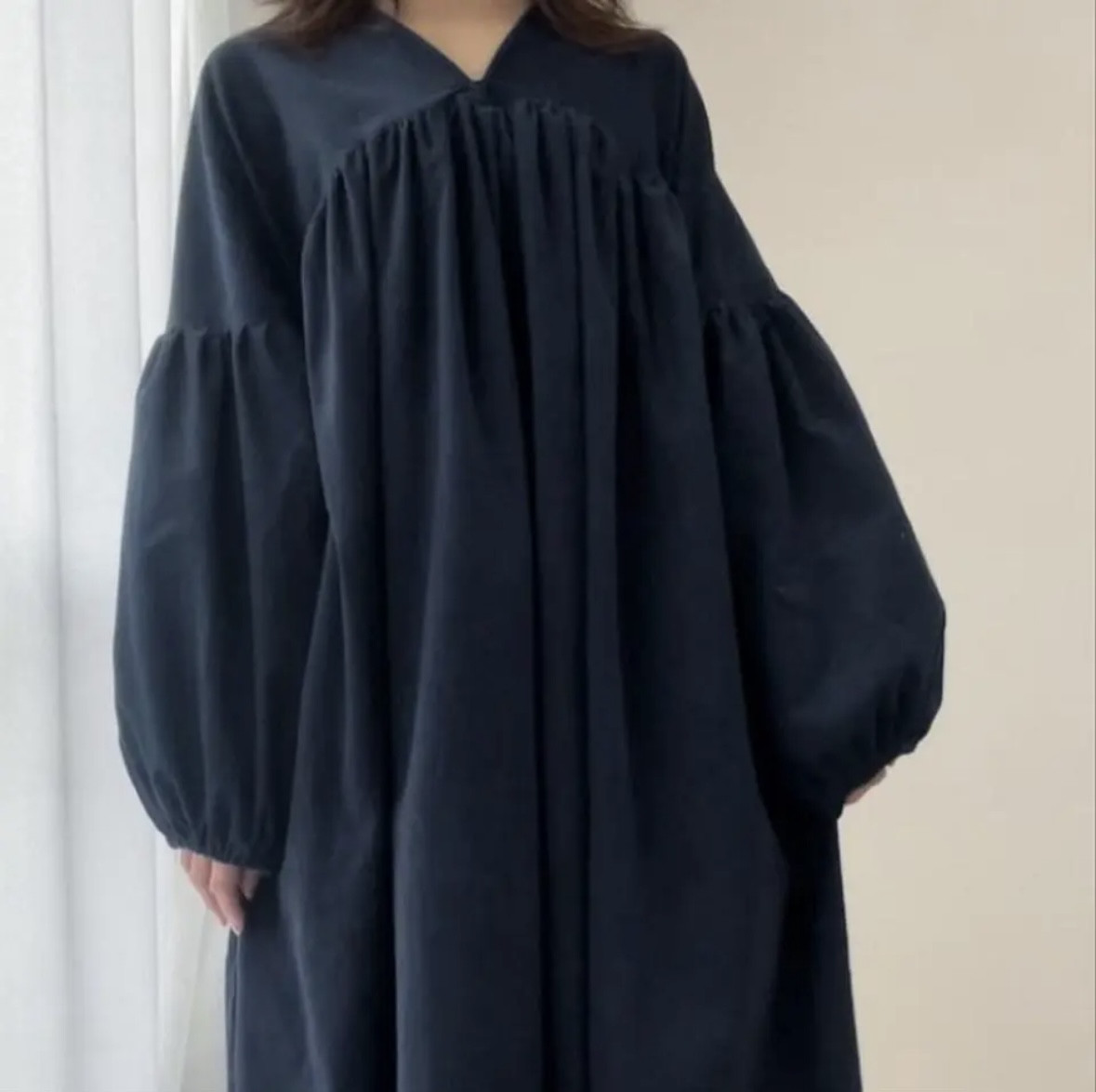 全28色/選べるカラー/受注製作オーダーメイド【大人服】シャツコーデュロイの肩おちお袖ポワンのVネックワンピースポワン袖