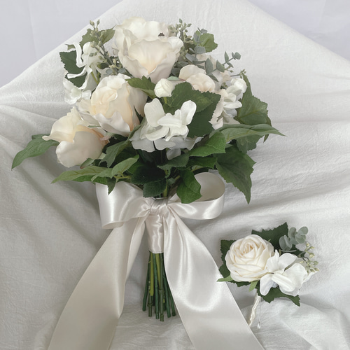 結婚式 ブーケ ブートニア 白バラ 造花 悪徳