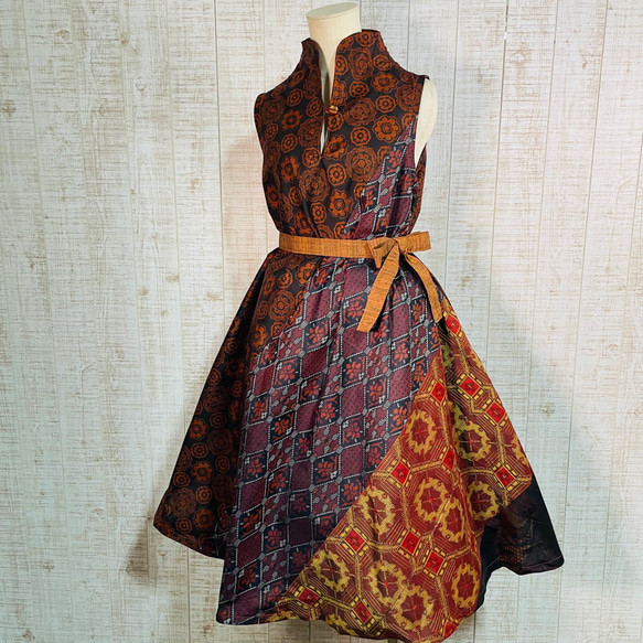 着物リメイク大島紬テントラインワンピース M〜L