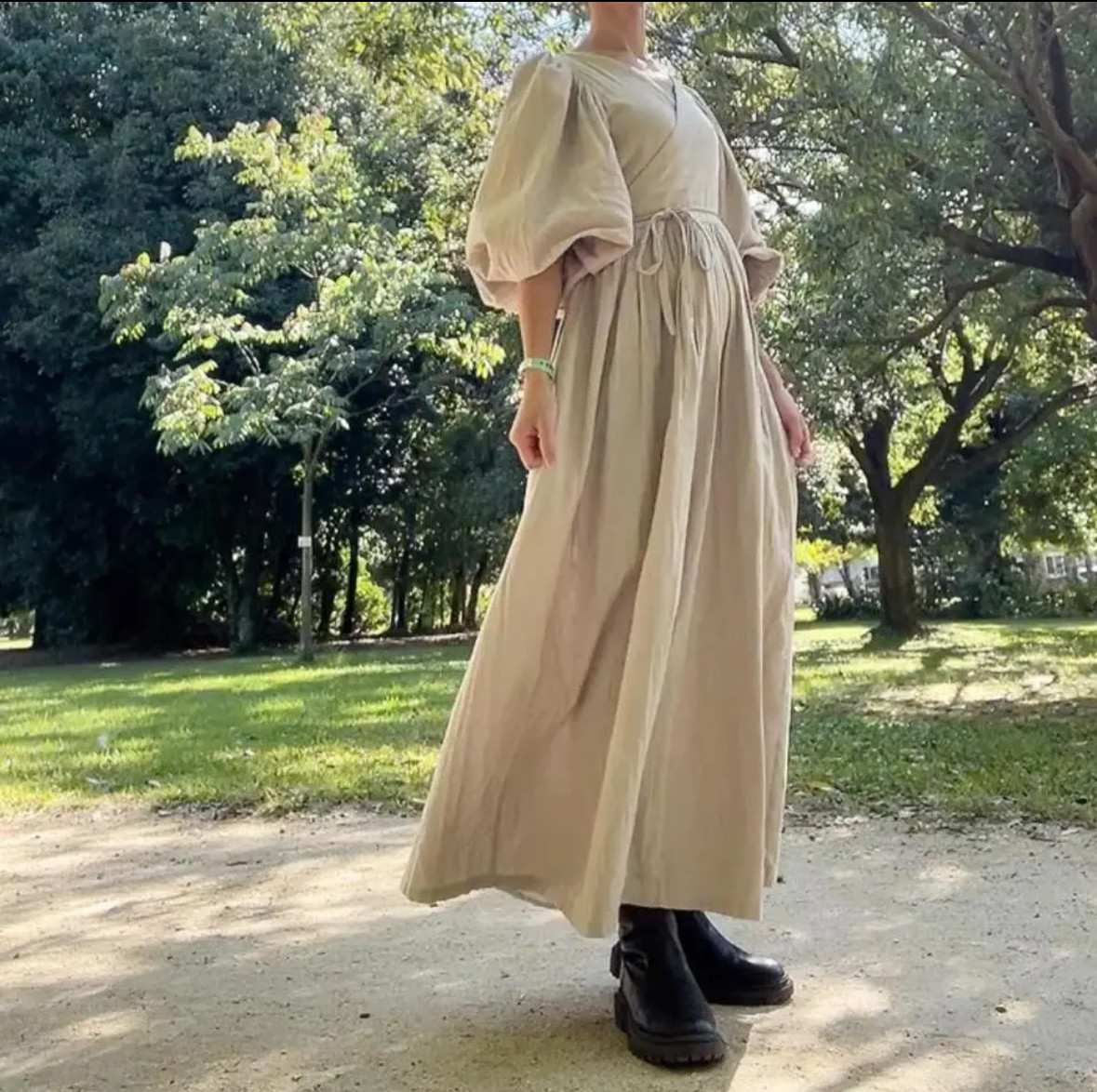 【大人服】さらっとふわっとマカロンハーフリネン　肩ぽわんお袖ポワンのギャザーたっぷり4wayカシュクールロングワンピース