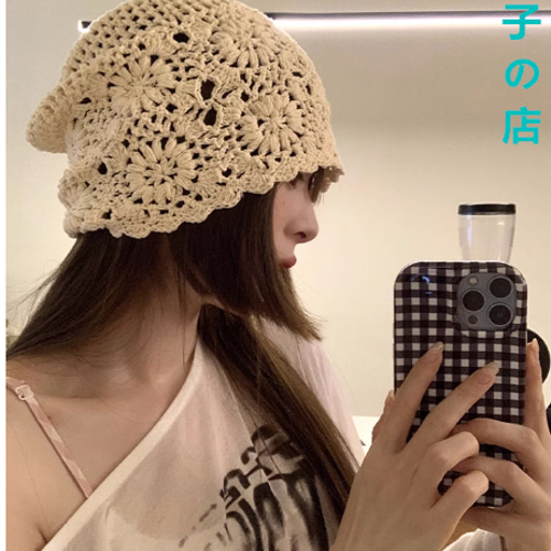 日系手編み編み包頭帽子婦人春秋薄型透かし編み毛糸帽子レトロ文芸