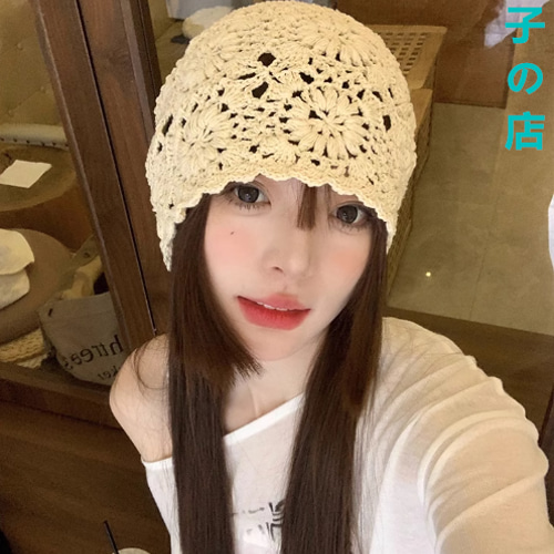 日系手編み編み包頭帽子婦人春秋薄型透かし編み毛糸帽子レトロ文芸