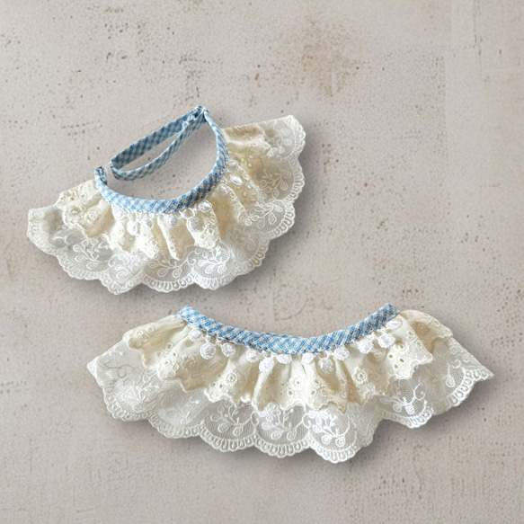 ポンポンフリルレースおめかしスタイ首輪首飾り/刺繍チェック柄テープ/アジャスター調節/小型犬ウサギ猫 4枚目の画像