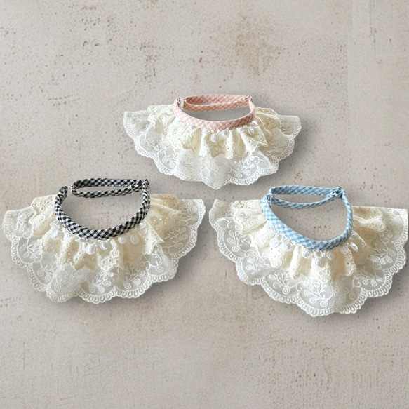 ポンポンフリルレースおめかしスタイ首輪首飾り/刺繍チェック柄テープ/アジャスター調節/小型犬ウサギ猫 3枚目の画像