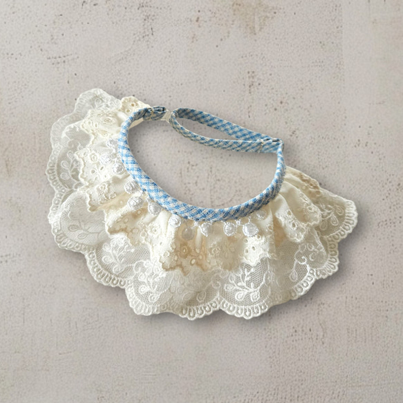 ポンポンフリルレースおめかしスタイ首輪首飾り/刺繍チェック柄テープ/アジャスター調節/小型犬ウサギ猫 5枚目の画像
