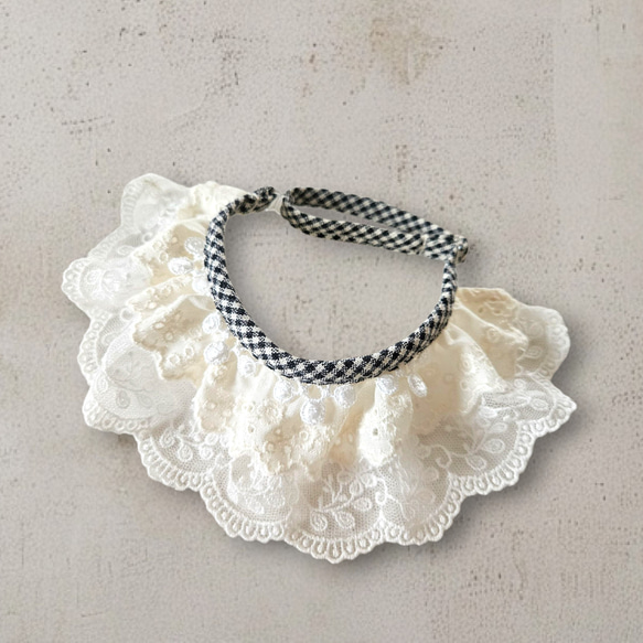 ポンポンフリルレースおめかしスタイ首輪首飾り/刺繍チェック柄テープ/アジャスター調節/小型犬ウサギ猫 7枚目の画像