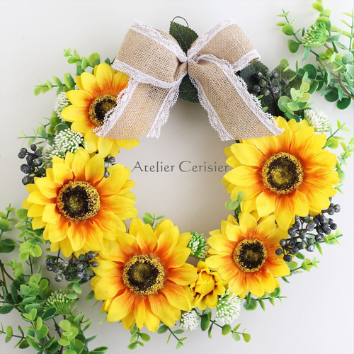 ＊daffy&stella＊＊ひまわりと紫陽花のナチュラルリース 向日葵のハーフリース ひまわり ヒマワリ 夏 アーティフィシャル